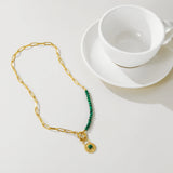 YACHAN Green Stone Beads Necklace Round Pendant Golden Chain Jewelry