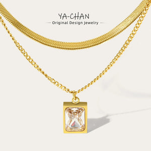 YACHAN Double Layer Necklace with Cubic Zirconia Pendant