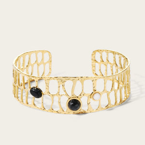 YACHAN Stainless Steel Wide Bangle Bracelet Natural Stone Statement 14K Plated