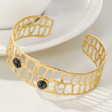 YACHAN Stainless Steel Wide Bangle Bracelet Natural Stone Statement 14K Plated
