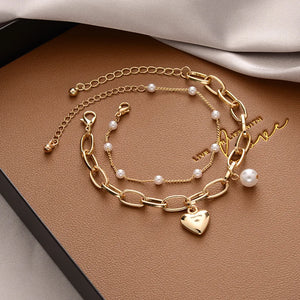 YACHU Pearl Alloy Pendant Chain Bracelet Charm Heart Bangle Party Jewelry