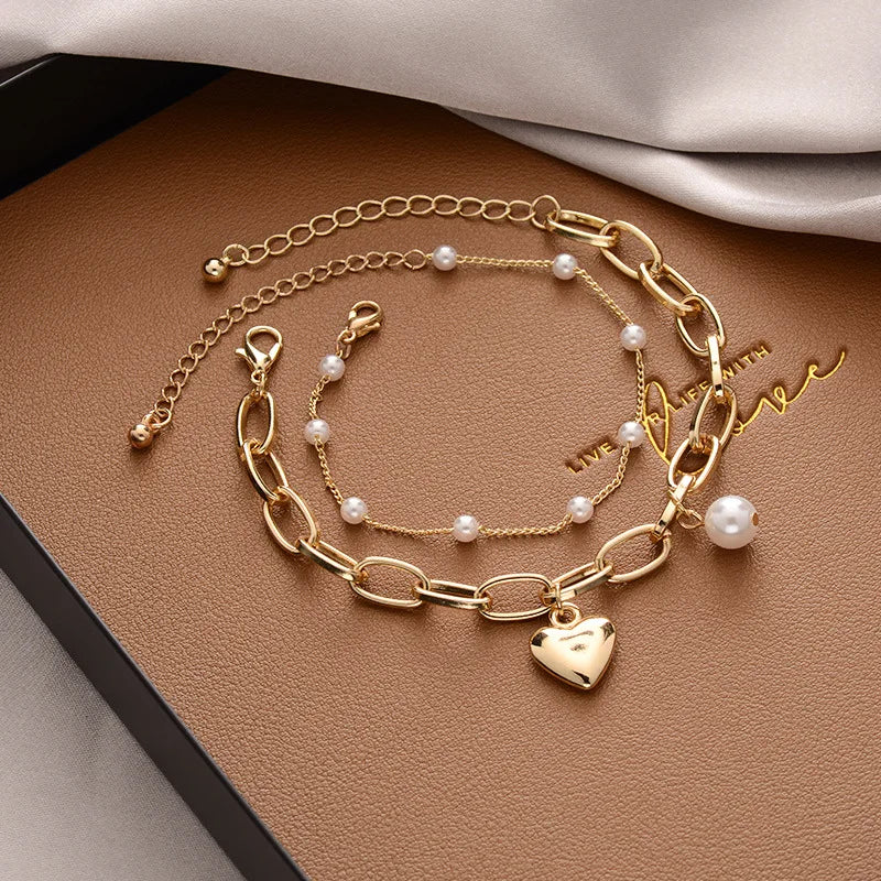 YACHU Pearl Alloy Pendant Chain Bracelet Charm Heart Bangle Party Jewelry