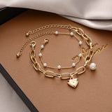 YACHU Pearl Alloy Pendant Chain Bracelet Charm Heart Bangle Party Jewelry
