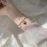 YACHU Pearl Alloy Pendant Chain Bracelet Charm Heart Bangle Party Jewelry