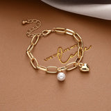 YACHU Pearl Alloy Pendant Chain Bracelet Charm Heart Bangle Party Jewelry
