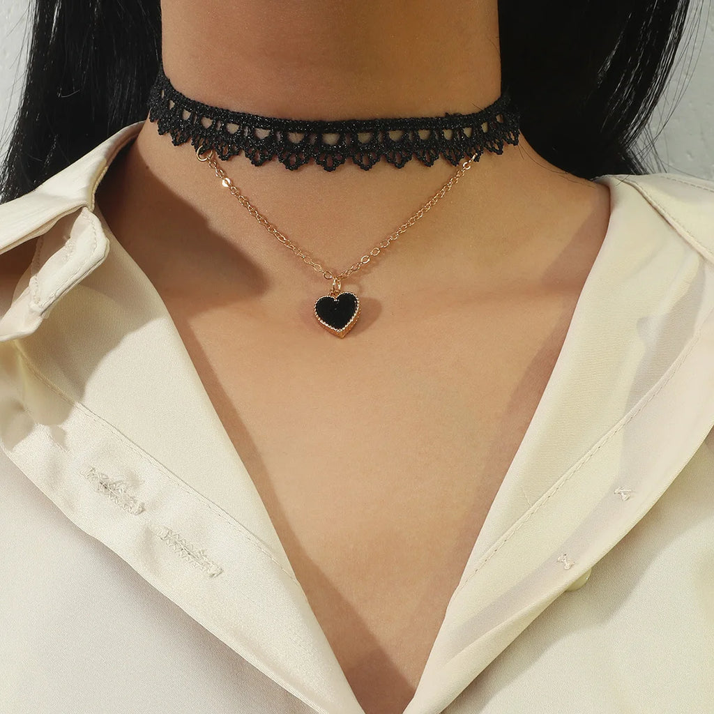 Sexy Gothic Lace Necklace Double Heart Bone Chain Pendant