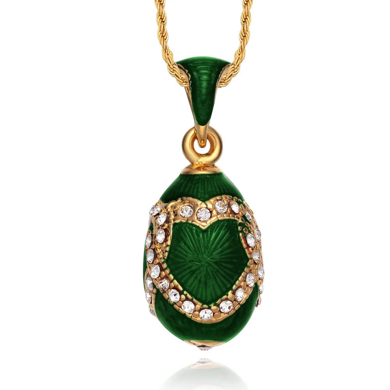 Vintage Heart Brass Egg Pendant Necklace with Rhinestone Charm