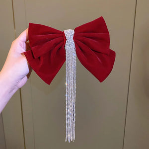 Large Bow Rhinestone Tassel Hair Clip Hairpin Wedding Hairgrip