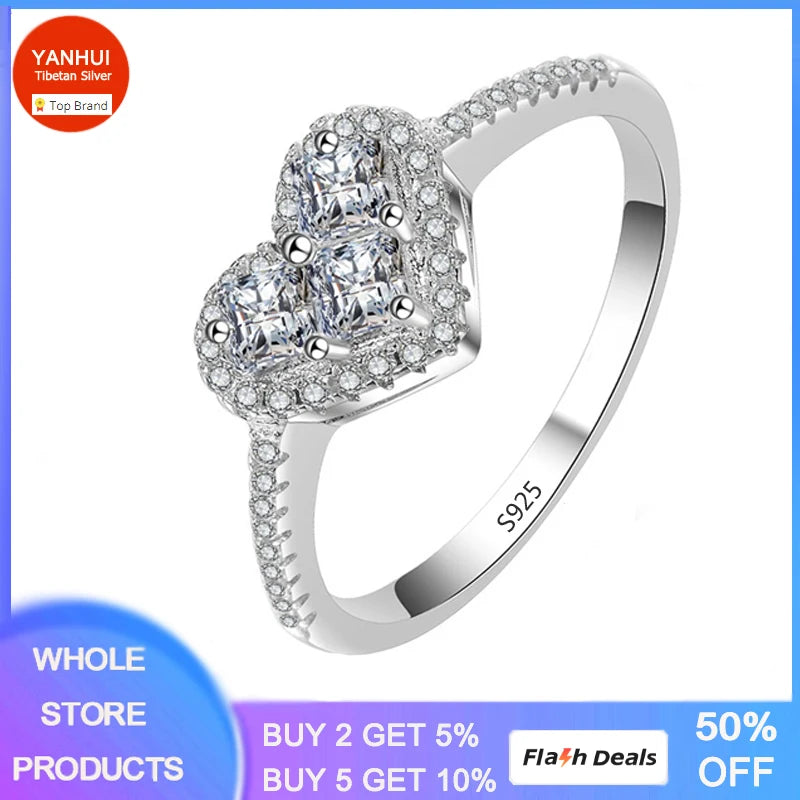 Heart Rings for Women Tibetan Silver Zircon Crystal Wedding Band