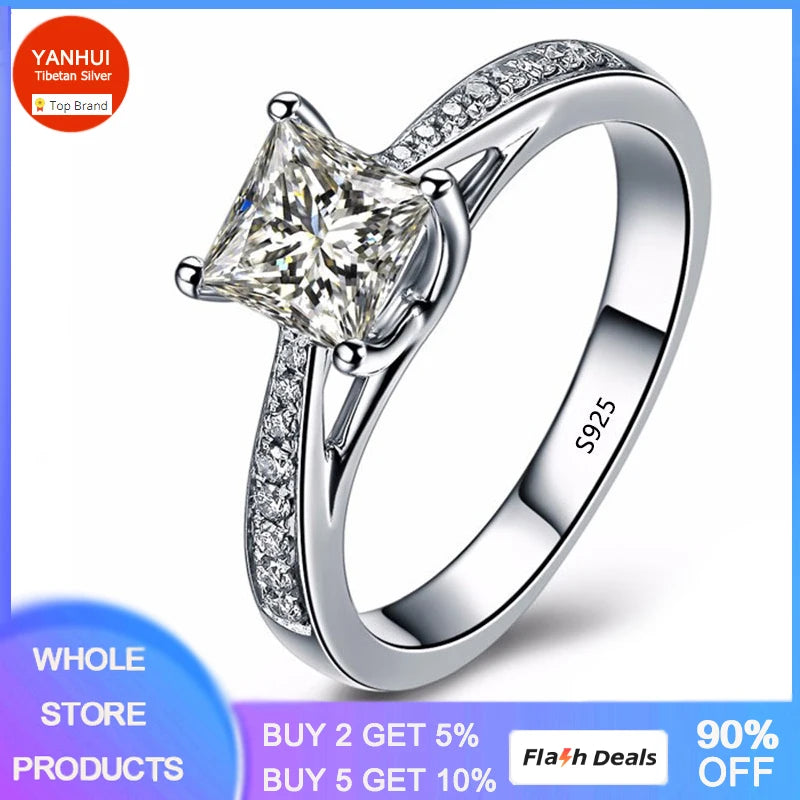 Princess Square Zirconia Crystal Ring Real Tibetan Silver Jewelry