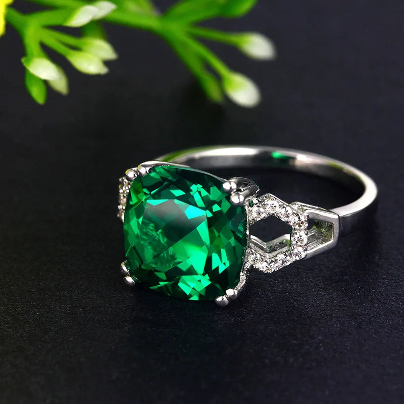 Tibetan Silver 925 Ring with Square Ruby/Emerald Charm Party Wedding Jewelry