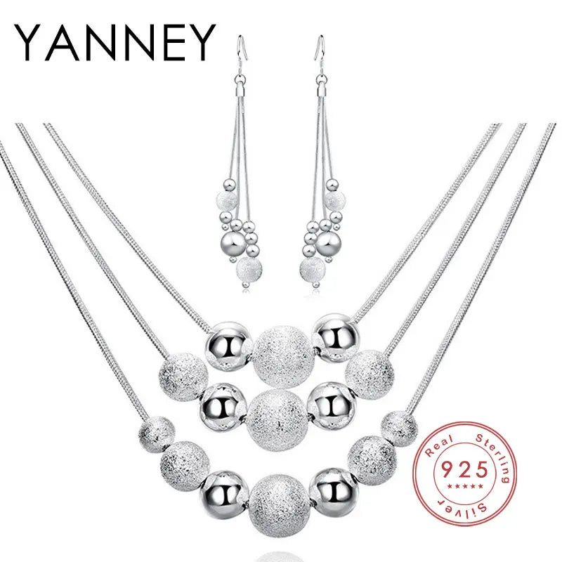 YANNEY 925 Silver Beads Bracelet Necklace Set Wedding Jewelry