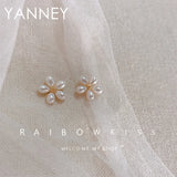YANNEY Silver Pearl Sun Flower Stud Earrings Women Girls Jewelry