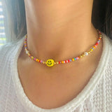 YASTYT Boho Choker Colorful Necklaces Smiley Pearl Chain