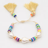 YASTYT Freshwater Baroque Pearl Bracelet Polymer Clay Heishi Beads Tassel