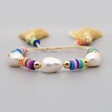 YASTYT Freshwater Baroque Pearl Bracelet Polymer Clay Heishi Beads Tassel