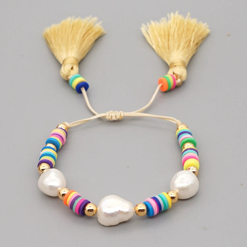 YASTYT Freshwater Baroque Pearl Bracelet Polymer Clay Heishi Beads Tassel