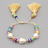 YASTYT Freshwater Baroque Pearl Bracelet Polymer Clay Heishi Beads Tassel