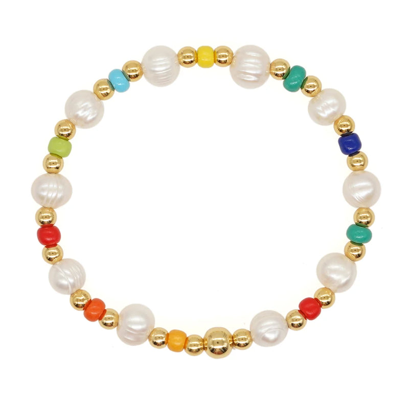 YASTYT Rainbow Beaded Bracelet Fresh Water Pearl Seed Beads & 18K Plated