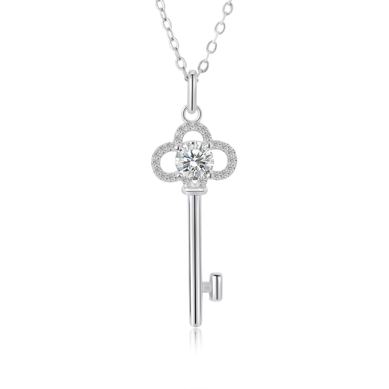 925 Silver Key Pendant Necklace 5mm Moissanite Diamond Clavicle Chain