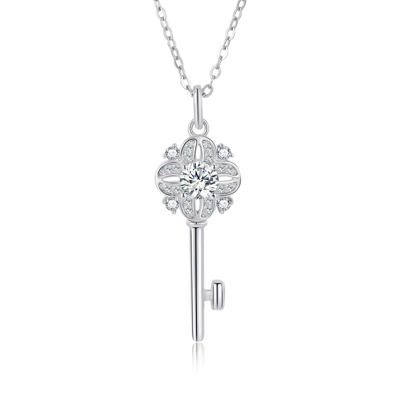 5mm Moissanite Crystal Pendant Necklace 925 Sterling Silver Flower Key Jewelry