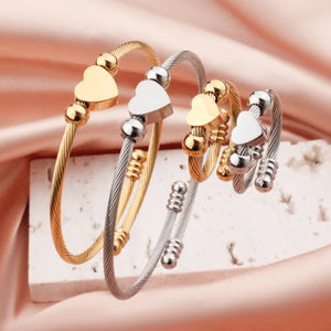 Stainless Steel Heart Charm Bangle Bracelet Ring Set Women Jewelry