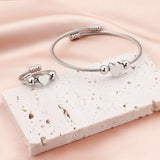 Stainless Steel Heart Charm Bangle Bracelet Ring Set Women Jewelry