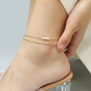 Double Layered Pearl Chain Anklet Stainless Steel Summer Beach Barefoot Chain