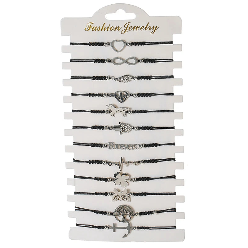 12pcs/Set Hand of Fatima Unicorn Heart Charms Bracelet Set Adjustable Wristband