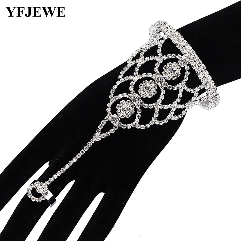 Silver Crystal Girls Bracelets with Hand Ring Flower Bangles
