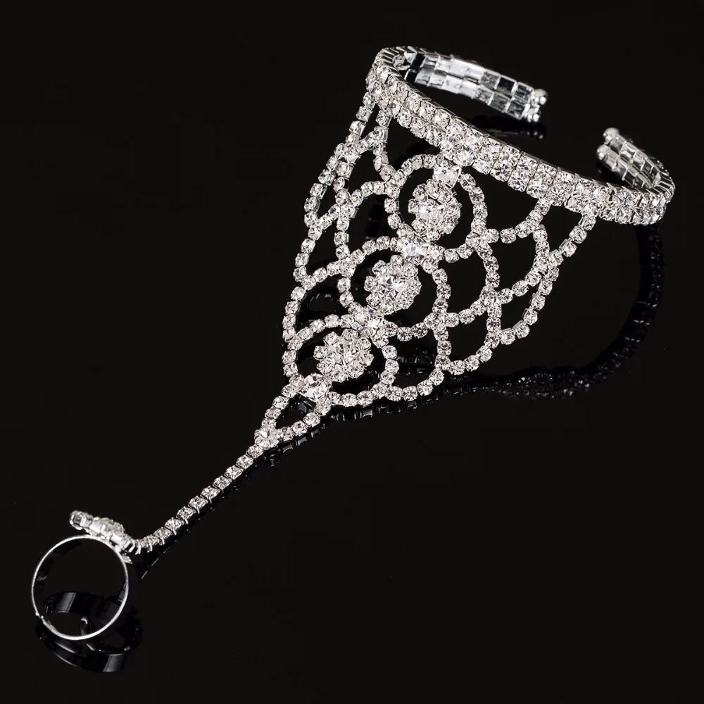 Silver Crystal Girls Bracelets with Hand Ring Flower Bangles
