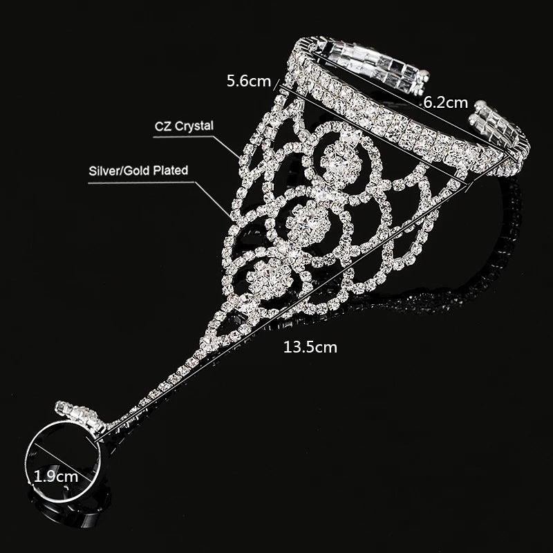 Silver Crystal Girls Bracelets with Hand Ring Flower Bangles