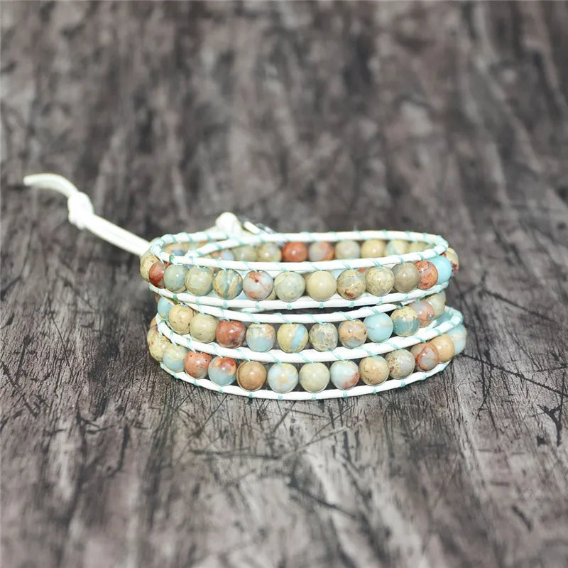 3X Leather Wrap Stone Bracelets Crystal Women Bohemian Heart Buckle