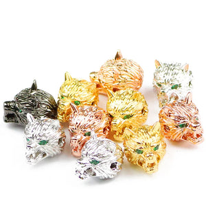 4pcs Green-eyed Wolf Head Pendant Copper Spacer Beads Charms for Jewelry Making