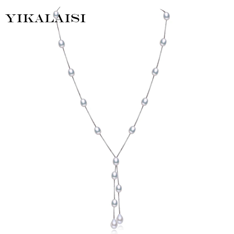925 Silver Chain Freshwater Pearl Double Strip Necklace 7-8mm Pearl