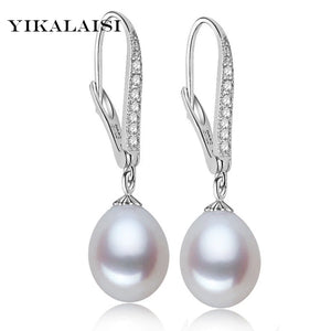 925 Silver Freshwater 8-9mm Pearl Long Earrings Zircon Women
