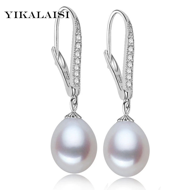 925 Silver Freshwater 8-9mm Pearl Long Earrings Zircon Women