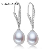 925 Silver Freshwater 8-9mm Pearl Long Earrings Zircon Women