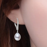 925 Silver Freshwater 8-9mm Pearl Long Earrings Zircon Women