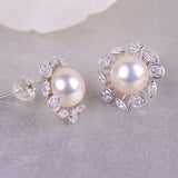 925 Silver Freshwater Pearl Earrings, 8-9mm Flower Rings