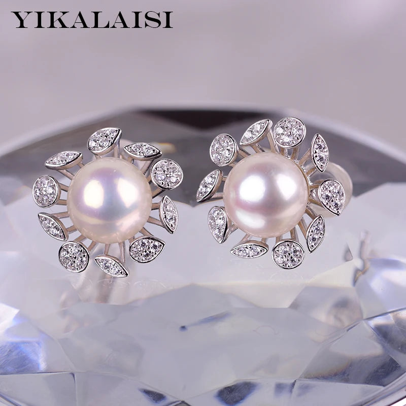 925 Silver Freshwater Pearl Earrings, 8-9mm Flower Rings