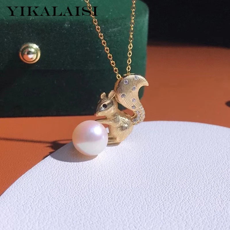 925 Silver Necklace 8-9mm Pearl Squirrel Pendant