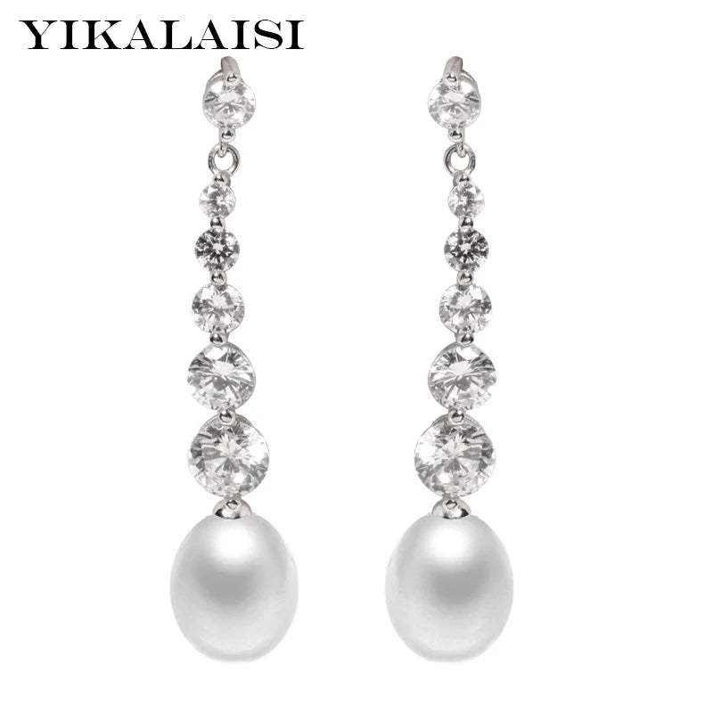 925 Silver Pearl Earrings Triangle Natural Long Jewelry 8-9mm
