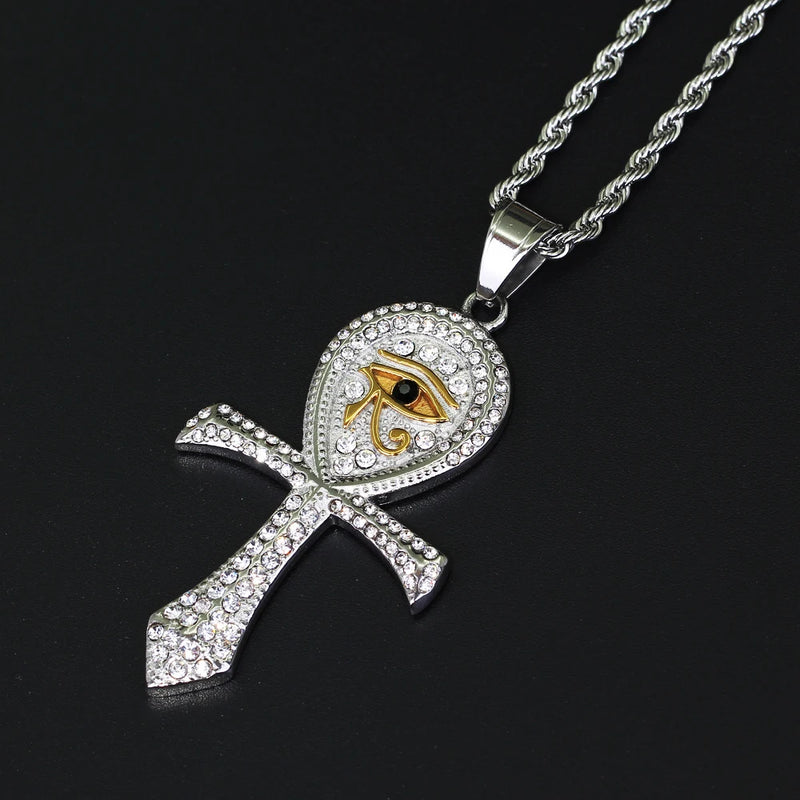 CZ Eye of Horus Pendant Necklace Men Ancient Egypt Ankh Cross Amulet
