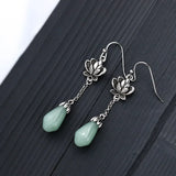 Boho Lotus Flower Earrings 925 Silver Jade Stone Drop Earrings Women Gift