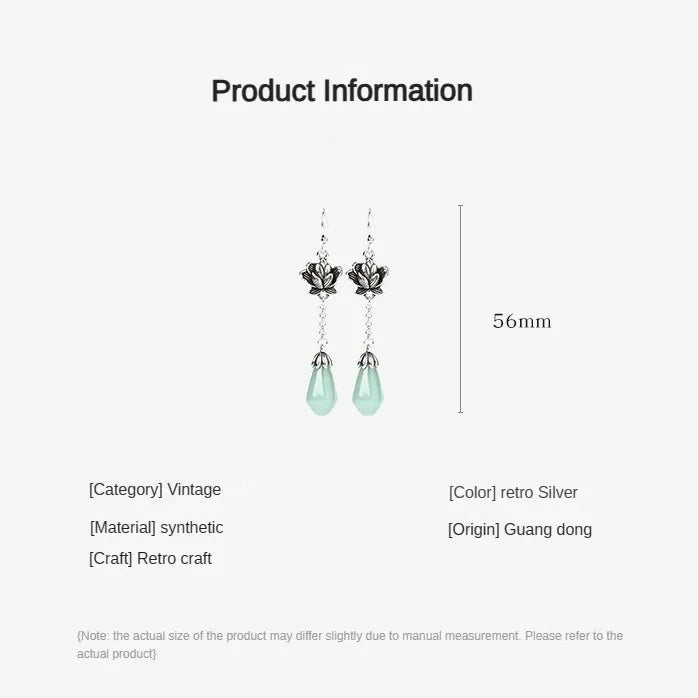 Boho Lotus Flower Earrings 925 Silver Jade Stone Drop Earrings Women Gift