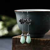 Boho Lotus Flower Earrings 925 Silver Jade Stone Drop Earrings Women Gift