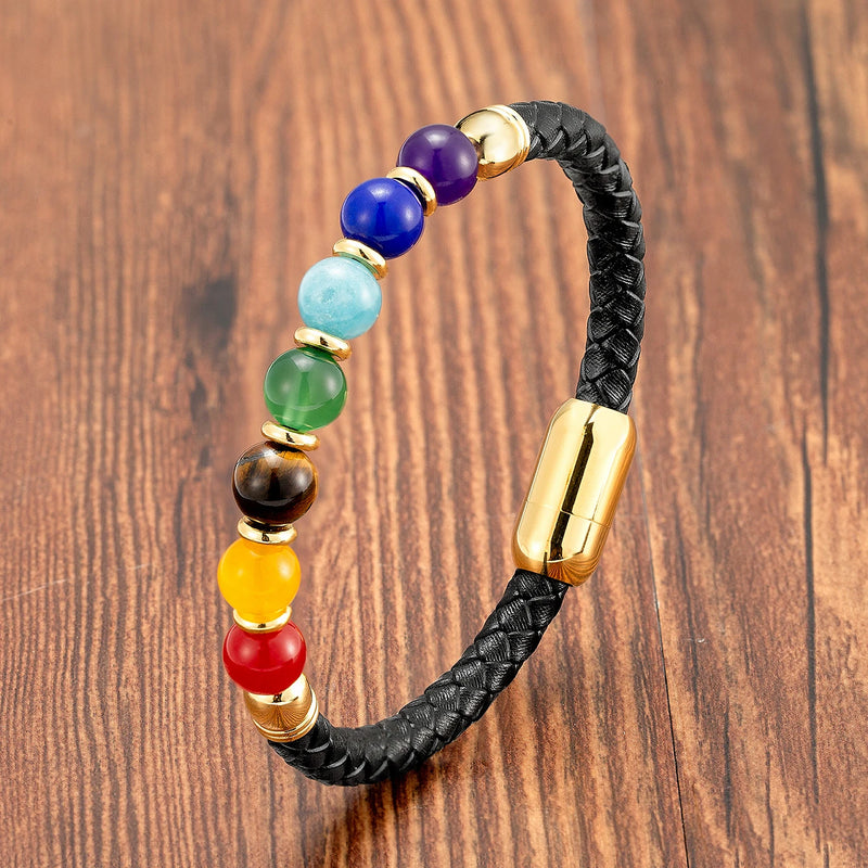 YISHUCHA Chakra Bracelet Natural Stone Black Leather Rope Chain