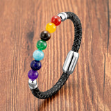 YISHUCHA Chakra Bracelet Natural Stone Black Leather Rope Chain