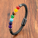 YISHUCHA Chakra Bracelet Natural Stone Black Leather Rope Chain